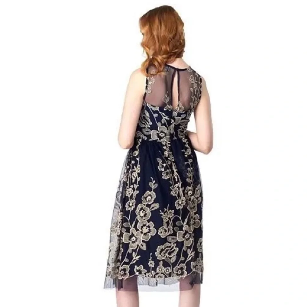 Beige‎ by eci Black Taupe-Gold Embroidered Mesh Cocktail Social Dress S…